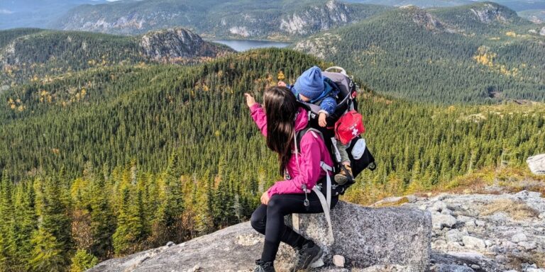Hiker wearing a pink jacket with a child in a backpack on a rocky overlook above a forested valley and distant mountains.