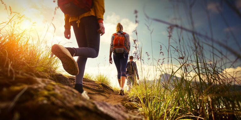 Three hikers with backpacks walking along a sunlit dirt trail at sunset, surrounded by tall grasses.