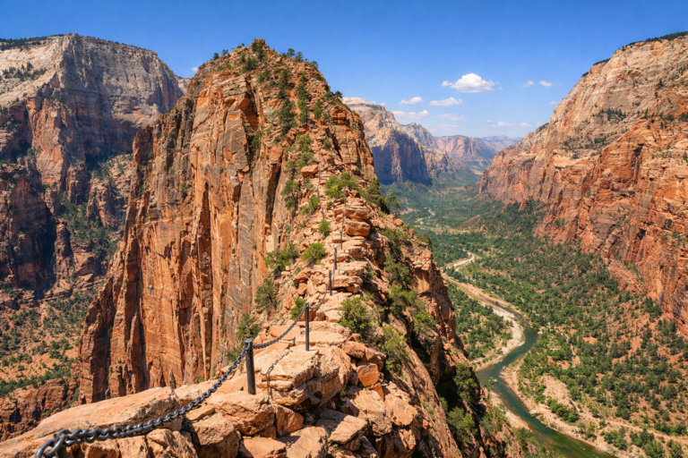 Overlooking the canyon from Angel's Landing, one of the most dangerous hikes in USA