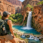 Hiker with a green backpack looking at a tall waterfall in a red rock canyon.