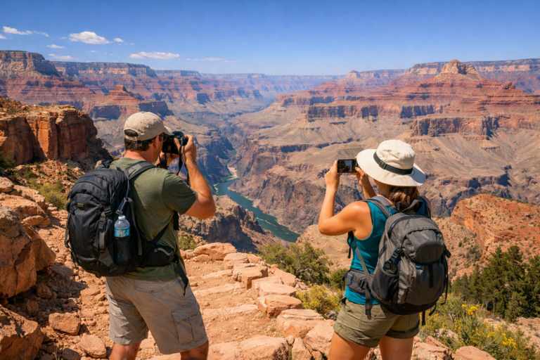 Couple capturing the view of the Grand Canyon South Kaibab