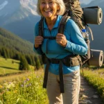 Older woman hiking on a mountain trail with a large backpack and rolled mat in a meadow with wildflowers.
