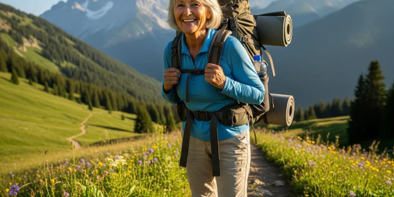 Older woman hiking on a mountain trail with a large backpack and rolled mat in a meadow with wildflowers.